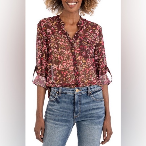 Kut From The Kloth Jasmine Chiffon Button-Up - Marsan Bordeaux Pink (EUC, M) - Picture 1 of 5